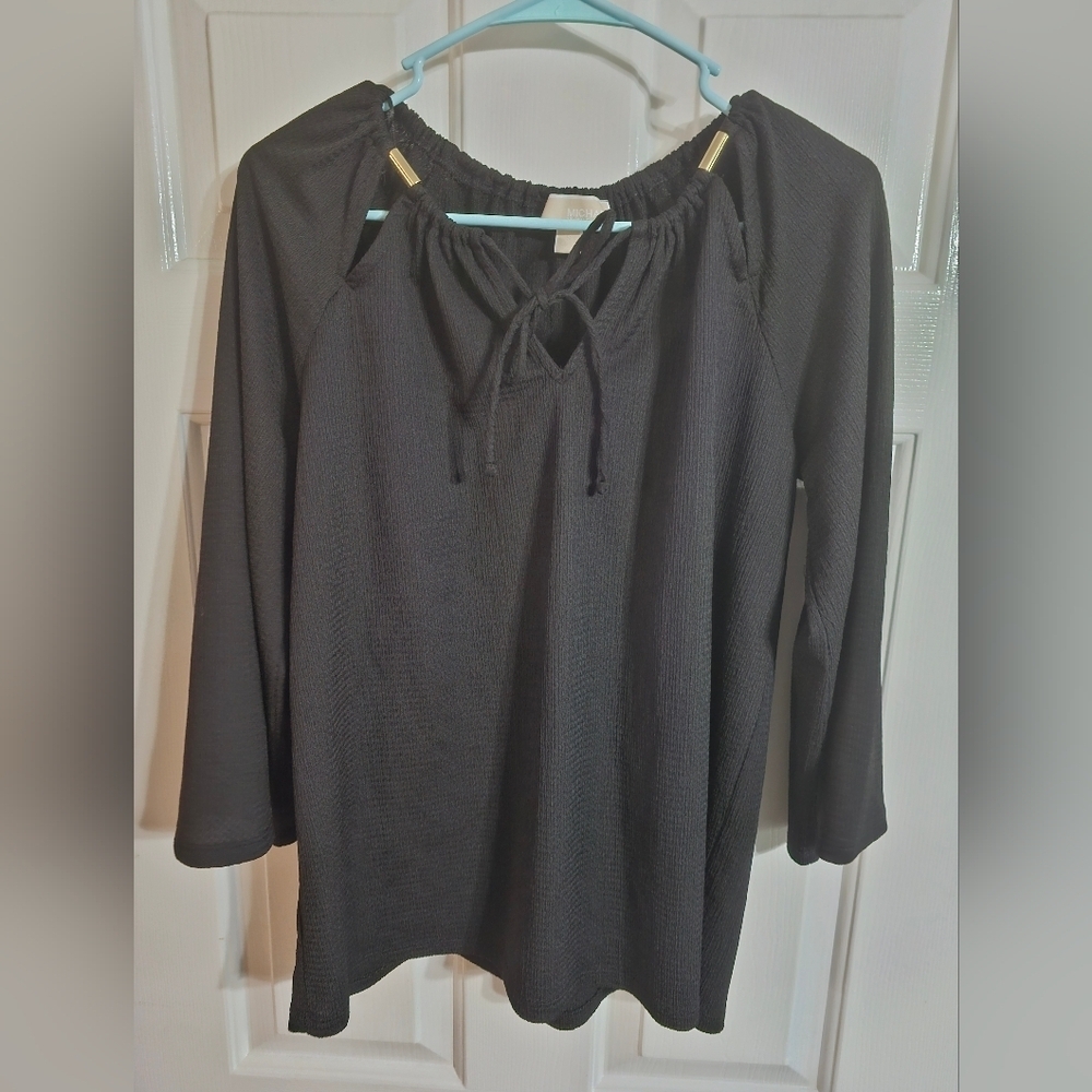 Michael Michael Kors Black Peasant Blouse S Gold Accent Knit Minimalist Luxury - Picture 2 of 7